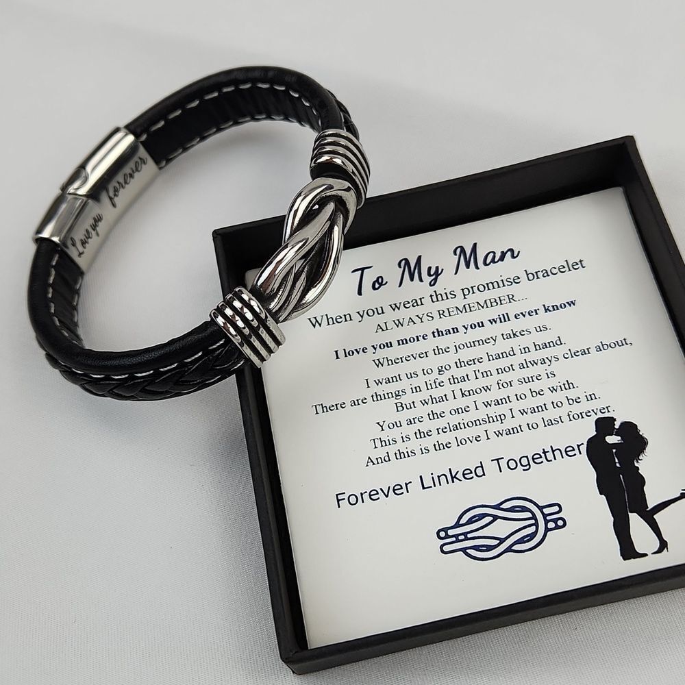 🔸️NIB Black "To My Man" Braided Leather Infinity Knot Cuff Bracelet 7.8" - Picture 5 of 11